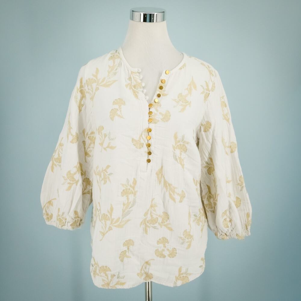 Floreat Size Medium M Ottawa Ivory Gold Embroidered Floral Button Cotton Top